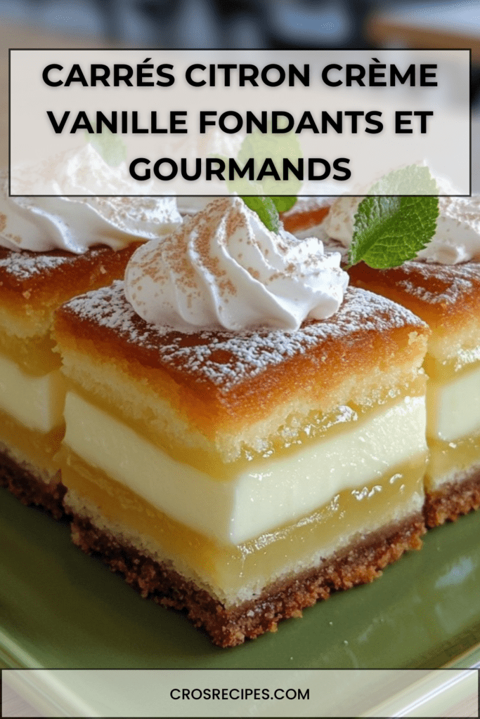 Carrés citron et crème vanille, base biscuitée, couches fondantes et finition au sucre glace, découpés en parts nettes.