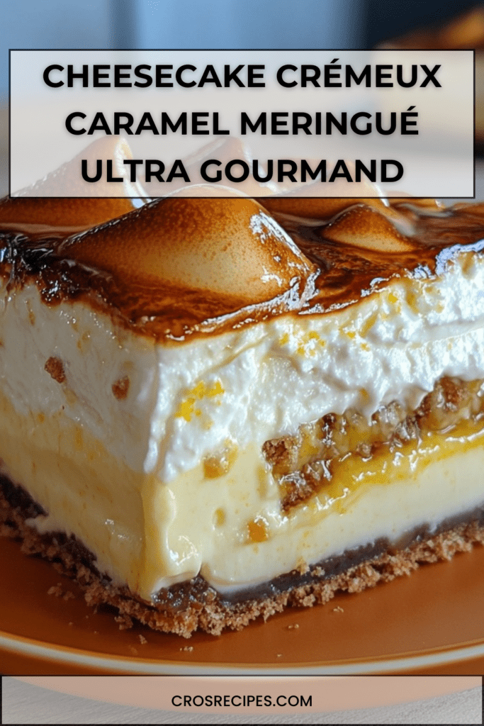 Cheesecake crémeux au caramel beurre salé sur base biscuitée, recouvert d’une meringue dorée et légèrement croustillante.