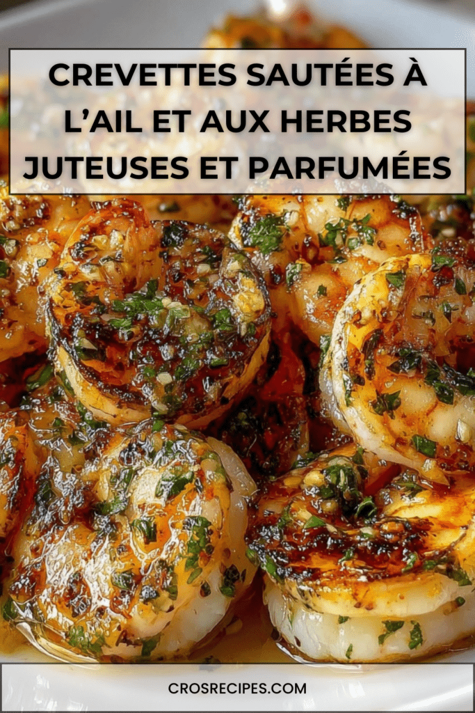 Crevettes sautées à l’ail et aux herbes fraîches, dorées à la poêle, brillantes et juteuses, servies bien chaudes.