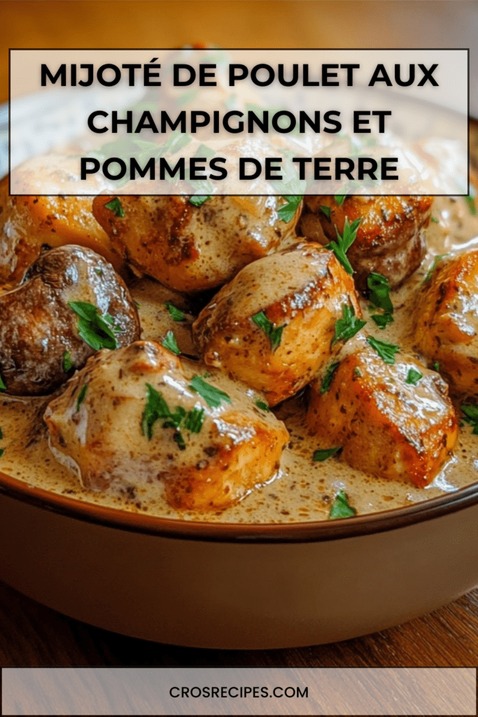 Mijoté de poulet crémeux aux champignons et pommes de terre, sauce onctueuse, servi bien chaud en cocotte.