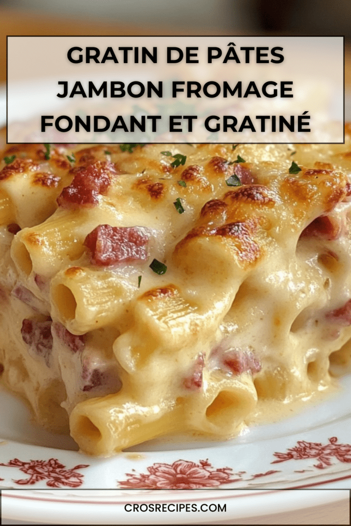 Gratin de pâtes au jambon et fromage doré au four, texture fondante à l’intérieur et croûte gratinée croustillante.