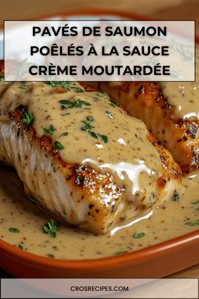 Pavés de saumon poêlés nappés de sauce crème moutardée aux herbes, servis bien chauds dans une poêle.