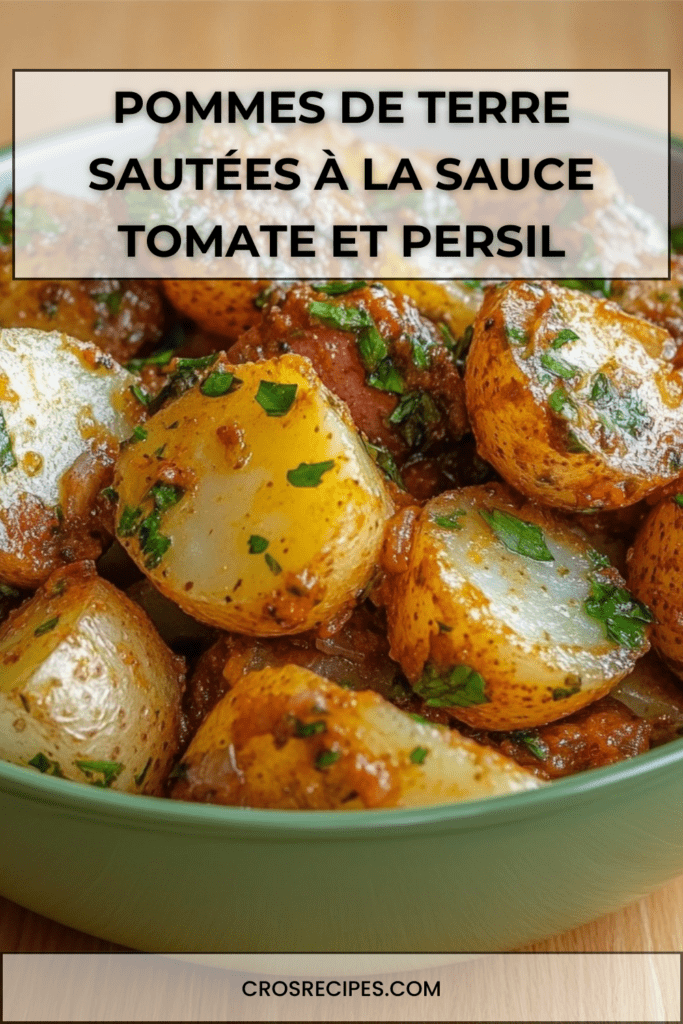 Pommes de terre sautées dorées à la poêle, enrobées de sauce tomate légèrement caramélisée et parsemées de persil frais, servies bien chaudes.