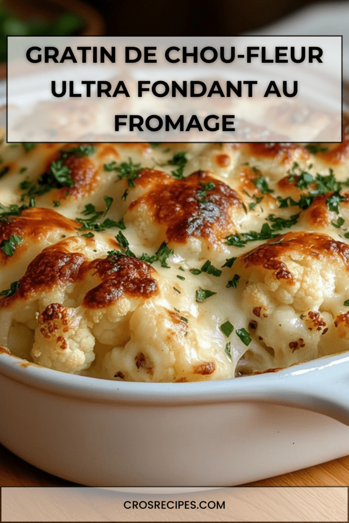Gratin de chou-fleur au fromage doré au four, nappé de béchamel crémeuse et parsemé de fromage fondu, servi bien chaud.