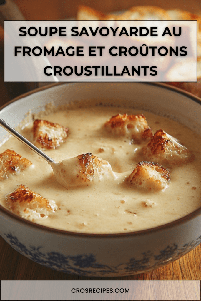 Soupe savoyarde au fromage servie bien chaude avec croûtons dorés et croustillants, texture crémeuse et fondante dans un bol rustique.