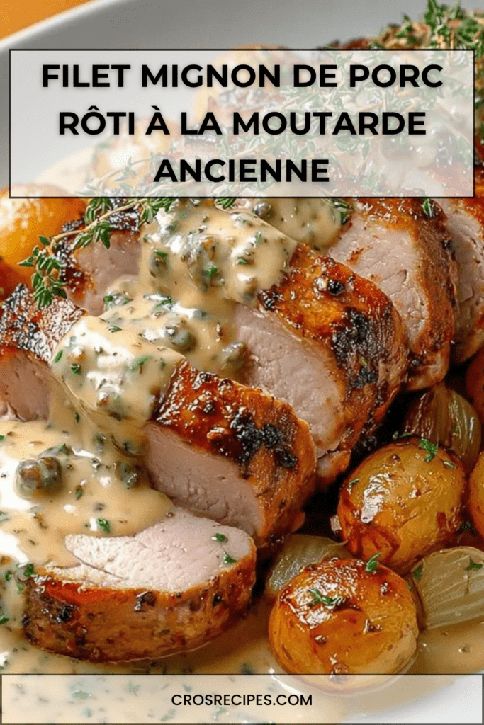Filet mignon de porc rôti nappé de sauce à la moutarde ancienne et à la crème, servi avec pommes de terre rôties dorées au four.