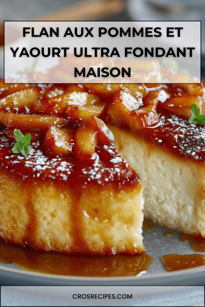 Flan aux pommes et yaourt doré au four, texture fondante et moelleuse, nappé de miel ou caramel, servi en parts avec morceaux de pommes.