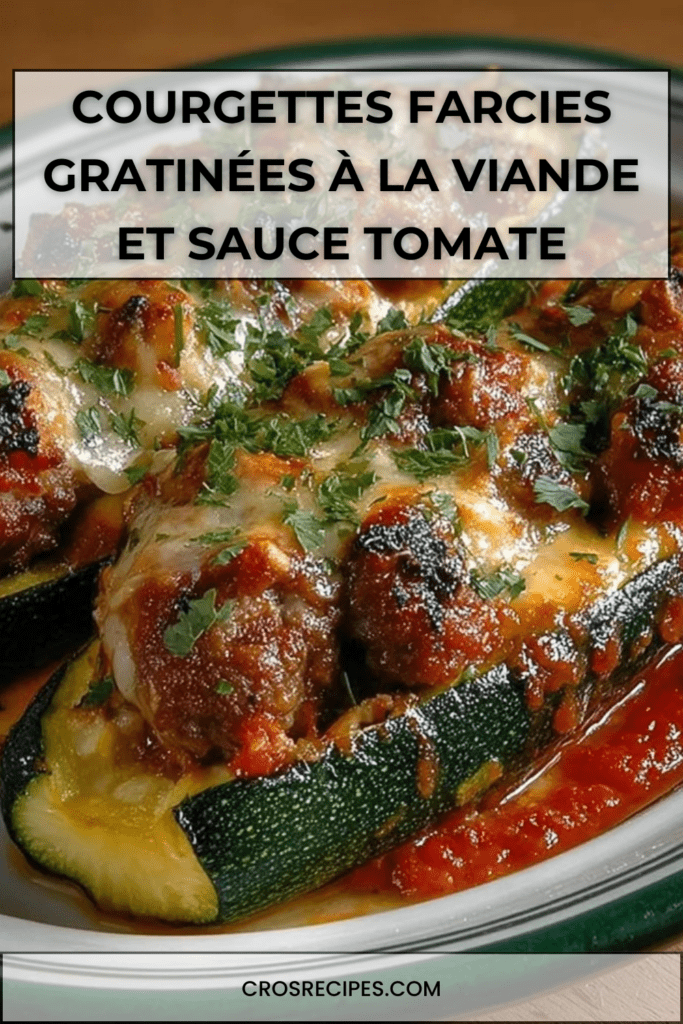 Courgettes farcies à la viande hachée, nappées de sauce tomate fondante et gratinées au fromage doré au four, servies bien chaudes.