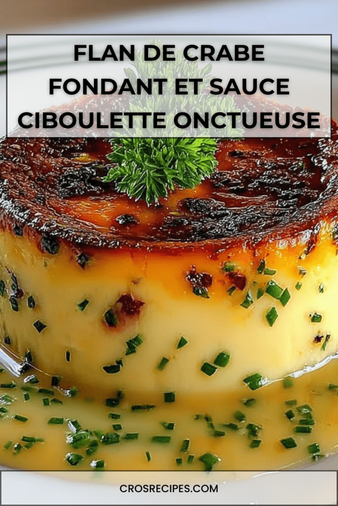 Flan de crabe démoulé, texture lisse et fondante, nappé d’une sauce crémeuse à la ciboulette, servi chaud dans une assiette élégante.