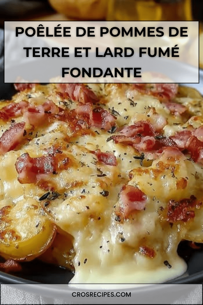 Poêlée de pommes de terre dorées avec lard fumé croustillant, oignons fondants et herbes aromatiques, servie bien chaude à la poêle.