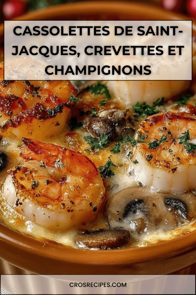 Cassolettes individuelles garnies de Saint-Jacques dorées, crevettes fondantes et champignons crémeux, servies bien chaudes avec persil frais.