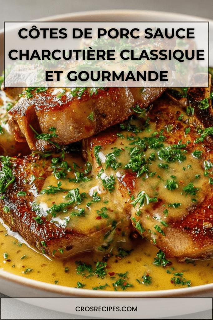 Côtes de porc dorées à la poêle nappées d’une sauce charcutière brillante au vin blanc et à la moutarde, servies chaudes avec persil frais.
