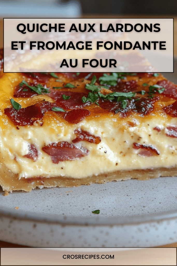 Quiche aux lardons et fromage dorée au four, texture fondante à l’intérieur, servie en parts avec herbes fraîches.