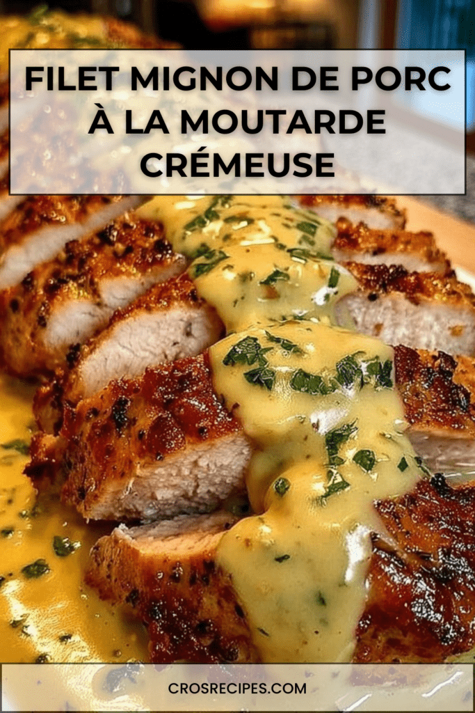 Tranches de filet mignon de porc nappées de sauce moutarde crémeuse, servies avec persil frais et accompagnement de pommes de terre.