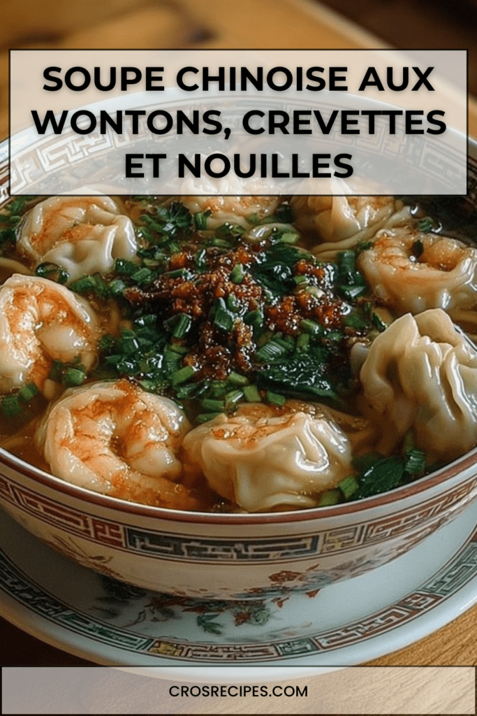 Bol de soupe chinoise aux wontons garnis de crevettes, nouilles asiatiques, épinards et oignons verts dans un bouillon clair parfumé.