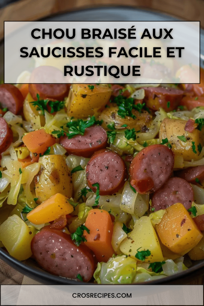 Cocotte de chou braisé aux saucisses fumées avec carottes et pommes de terre, parsemée de persil frais.