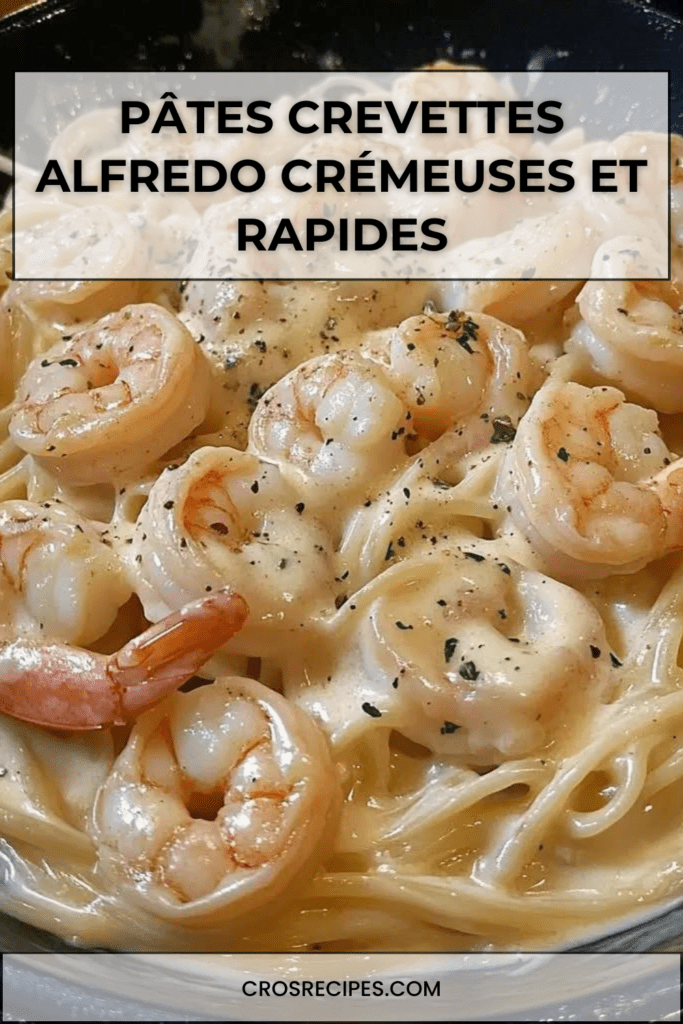 Assiette de pâtes crevettes Alfredo nappées d’une sauce crémeuse au parmesan, garnies de persil frais, servies chaudes dans une assiette blanche.