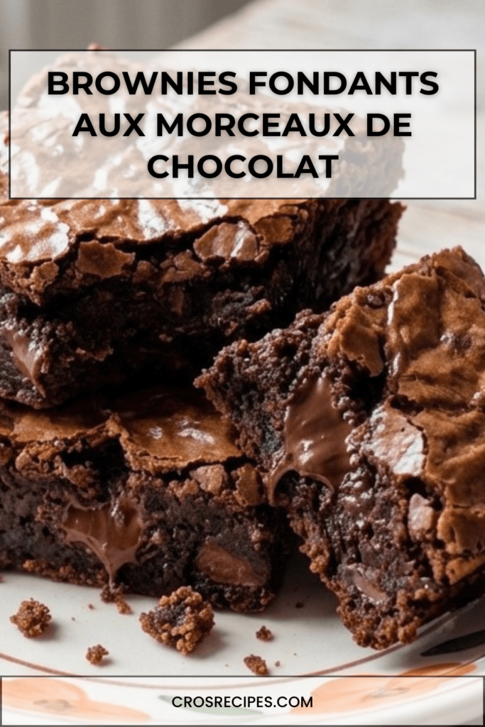 Carrés de brownies fondants aux morceaux de chocolat noir et pépites visibles, texture dense et humide au centre, posés sur une grille avec papier cuisson.