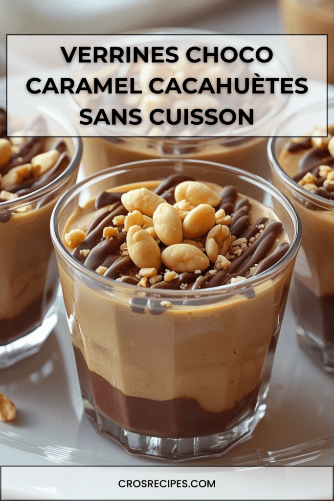 Verrines choco dessert en verre transparent avec couche de crème chocolat au fond, couche épaisse de crème caramel, filet de chocolat noir en zigzag et cacahuètes entières et concassées sur le dessus.