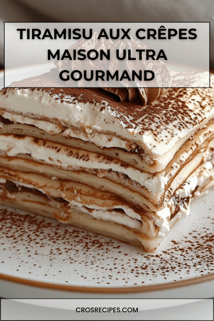 Tiramisu aux crêpes roulées imbibées de café, garnies de crème mascarpone et saupoudrées de cacao amer, présenté en plat rectangulaire avec couches visibles.