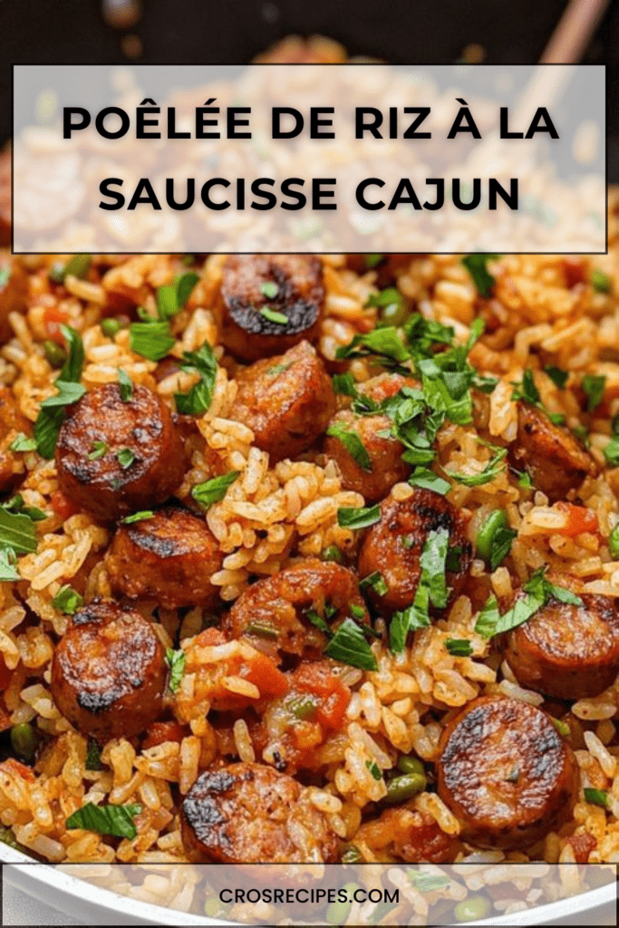 Poêlée de riz à la saucisse Cajun avec rondelles de saucisse fumée dorées, poivrons colorés, céleri et oignons, parsemée de persil frais.