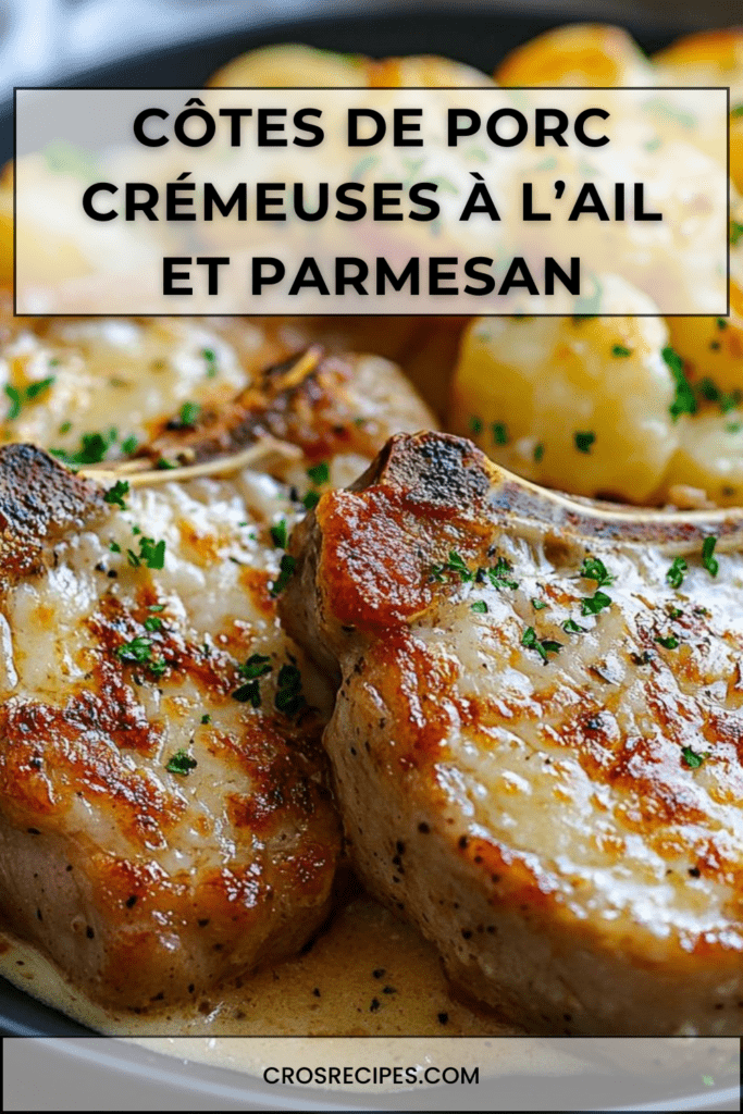 Côtes de porc épaisses nappées de sauce crémeuse à l’ail et au parmesan, servies avec pommes de terre rissolées dorées aux herbes fraîches.