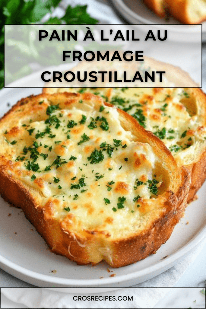 Tranches épaisses de pain à l’ail gratinées au fromage, mozzarella fondue et légèrement dorée, garnies de persil frais sur une plaque de cuisson.