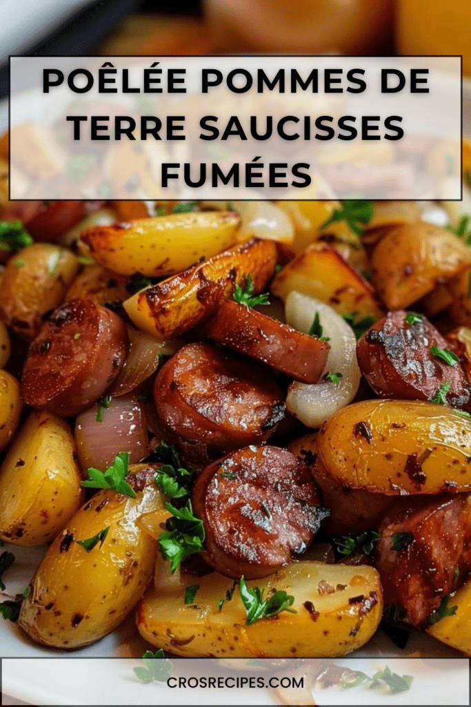 Poêlée de pommes de terre dorées en cubes avec rondelles de saucisses fumées et oignons caramélisés, parsemée de persil frais.