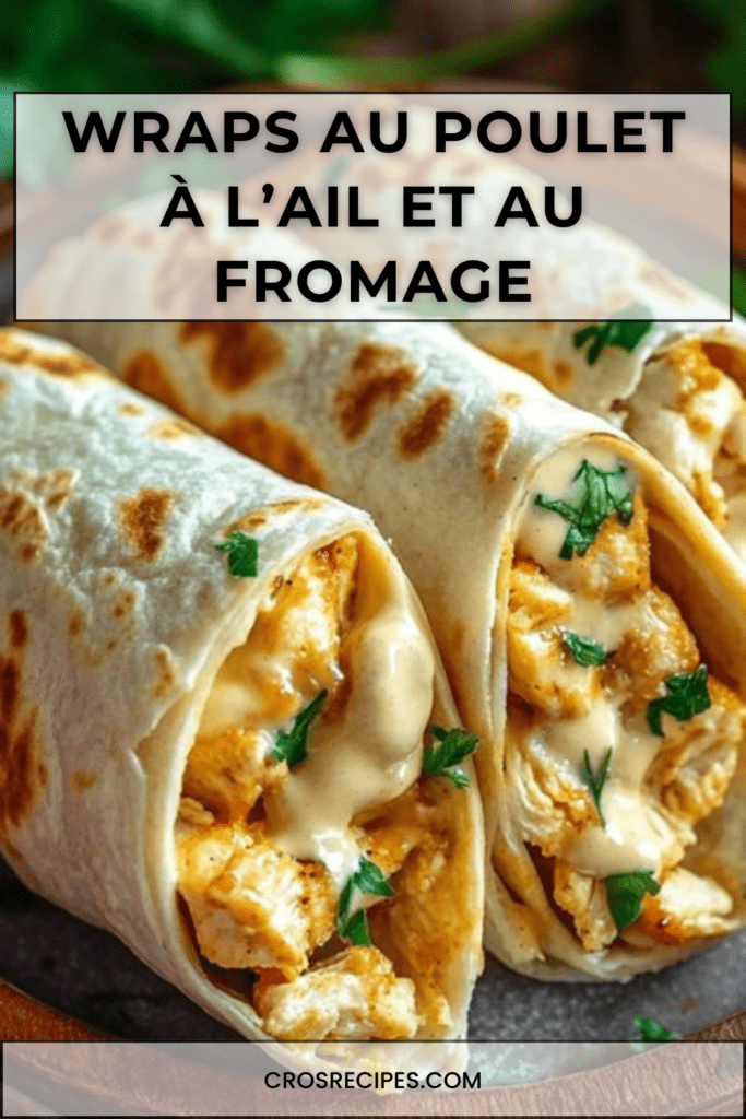 Wraps au poulet à l’ail et fromage fondant, coupés en deux, garniture crémeuse visible avec persil frais et tortilla dorée.