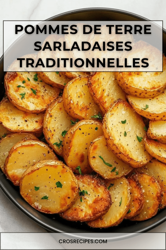 Pommes de terre sarladaises dorées en rondelles, cuites à la graisse de canard avec ail et persil frais, servies dans une poêle en fonte.