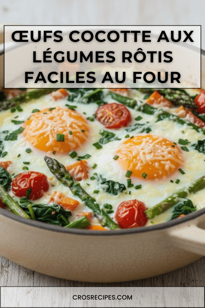 Plat d’œufs cocotte aux légumes rôtis avec patate douce dorée, asperges vertes, épinards frais et tomates cerises, jaunes d’œufs coulants et fromage gratiné au four.