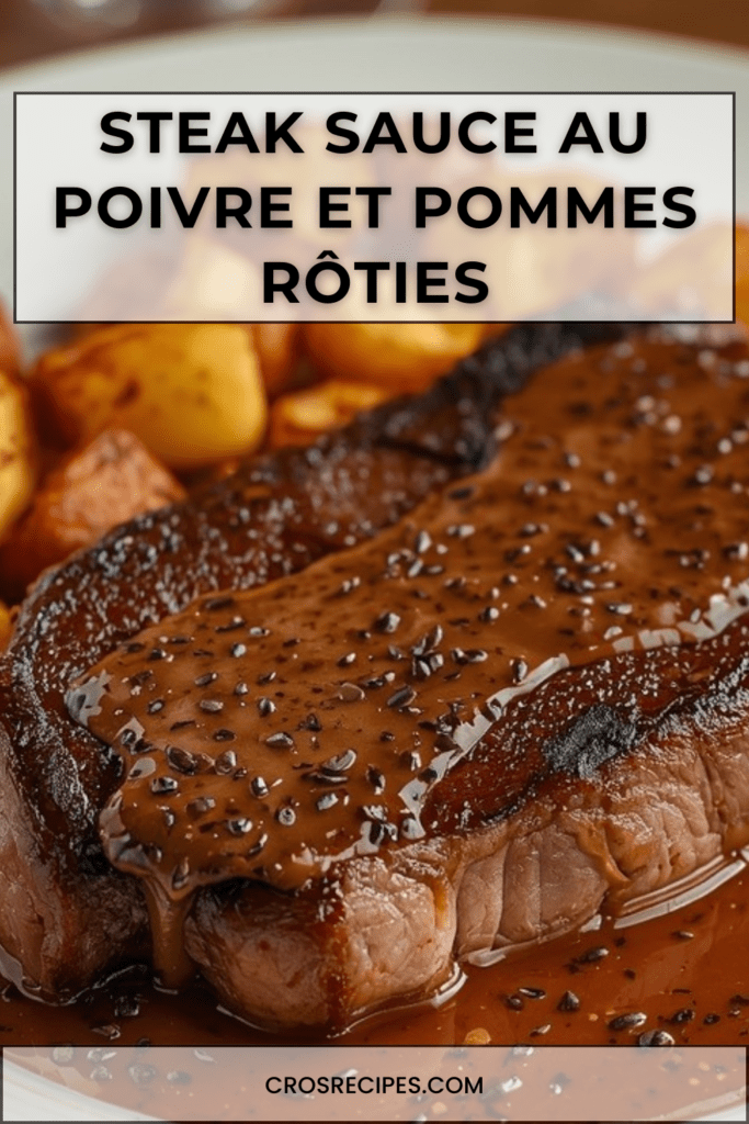 Steak grillé nappé de sauce au poivre crémeuse, accompagné de pommes de terre grenaille rôties dorées et croustillantes sur une assiette chaude.