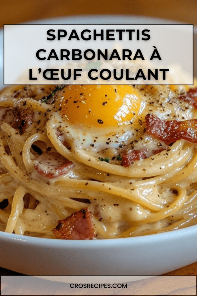 Assiette de spaghettis carbonara crémeux avec lardons dorés, sauce brillante au parmesan et œuf au plat au jaune coulant sur le dessus.