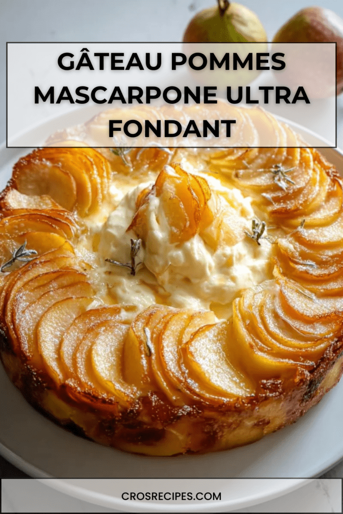 Gâteau pommes mascarpone ultra fondant, doré sur les bords, garni de fines lamelles de pommes légèrement caramélisées, texture crémeuse visible à la découpe sur une assiette claire.