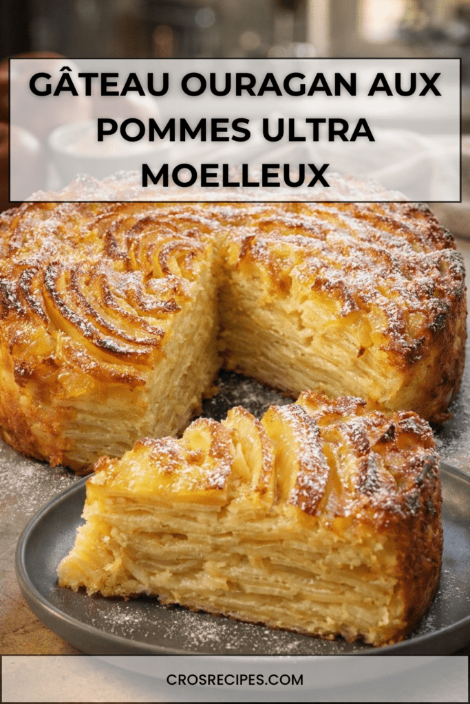 Gâteau ouragan aux pommes coupé en parts, fines tranches de pommes superposées formant un effet tourbillonnant, texture fondante et surface légèrement dorée saupoudrée de sucre glace.