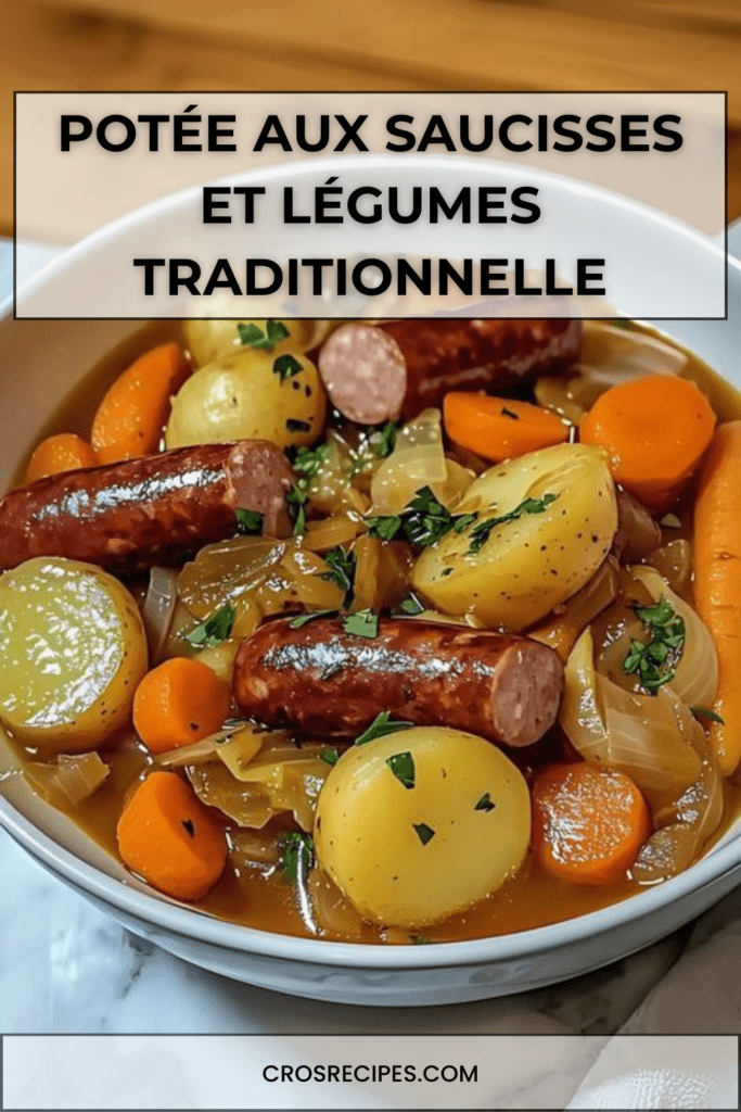 Potée aux saucisses fumées servie en cocotte avec pommes de terre, carottes et chou vert mijotés dans un bouillon parfumé au thym