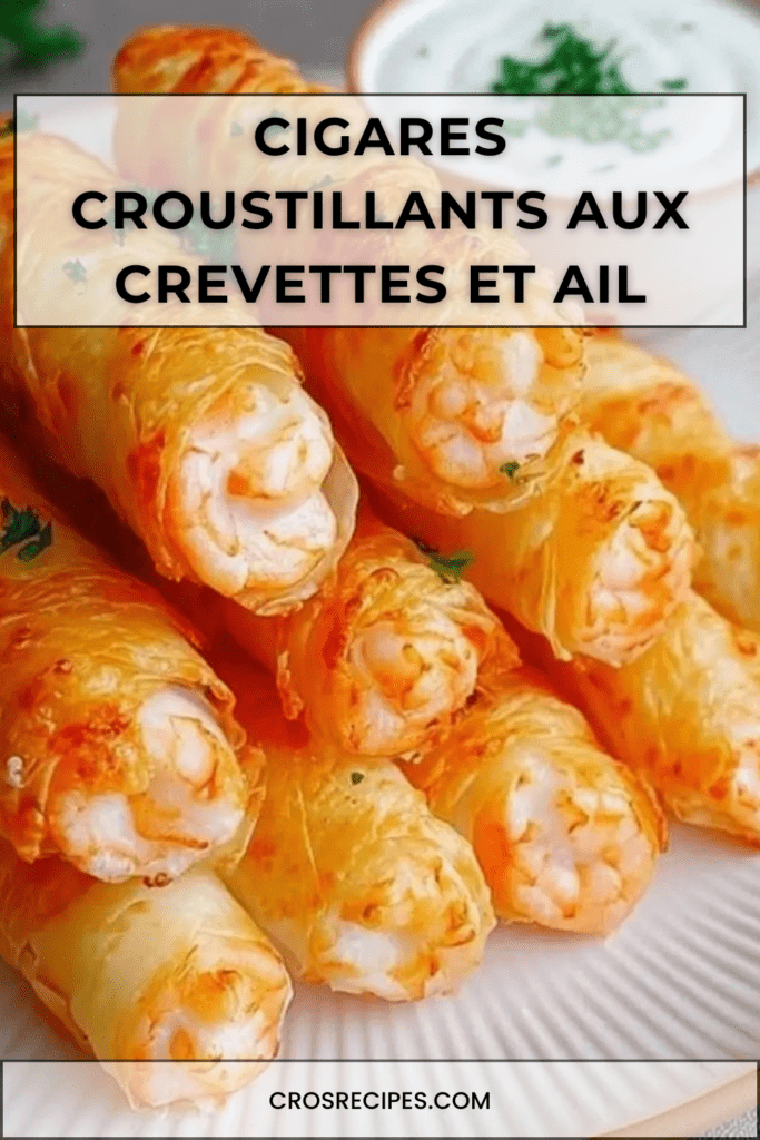 Cigares croustillants aux crevettes dorés au four, servis avec sauce au yaourt citronnée et ciboulette fraîche