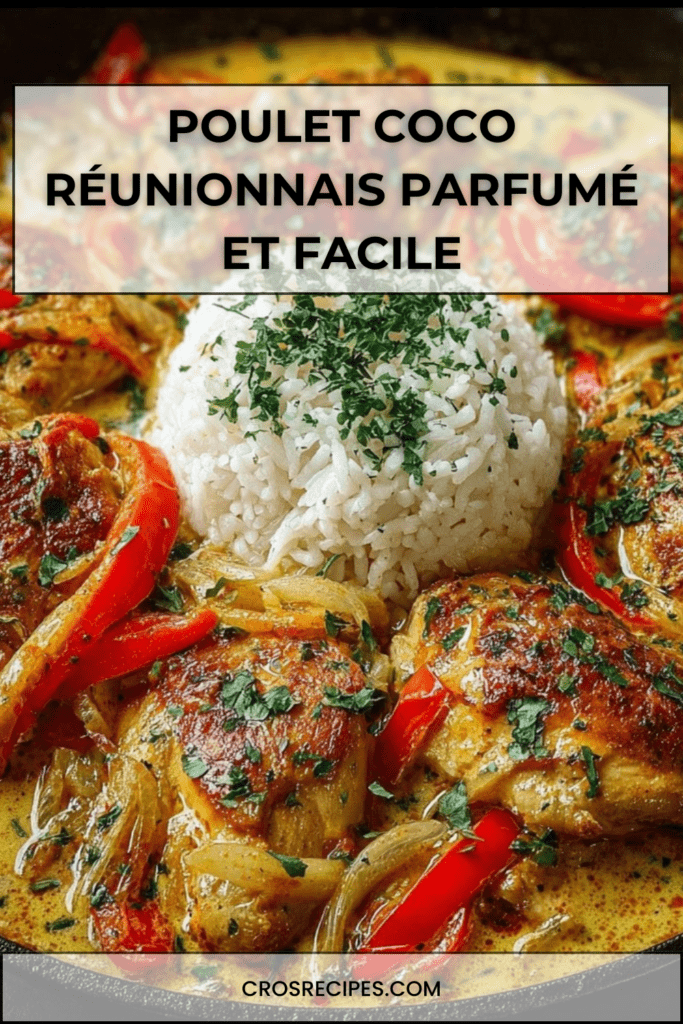 Poulet coco réunionnais mijoté au lait de coco avec poivrons rouges et épices, servi avec riz blanc moelleux