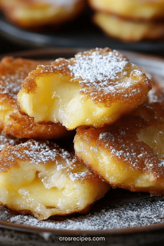 Beignets de pommes dorés à la poêle sans friture, servis chauds sur une assiette blanche avec sucre glace, texture moelleuse et pommes fondantes visibles