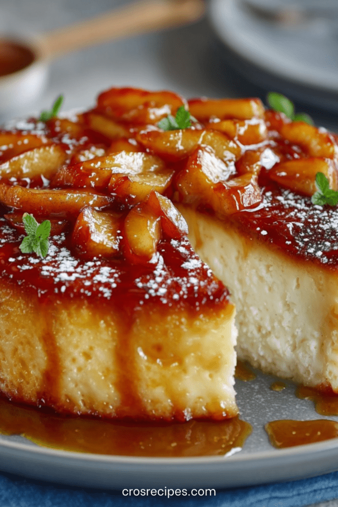 Flan aux pommes et yaourt ultra fondant doré au four, nappé de miel, texture crémeuse visible à la découpe, servi sur une assiette blanche avec morceaux de pommes caramélisés