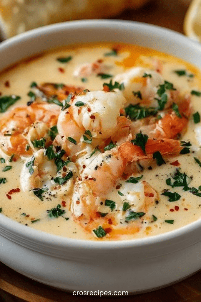 Bisque crémeuse aux fruits de mer avec crevettes et chair de crabe, texture veloutée, couleur orangée intense, servie chaude avec persil frais et pain grillé