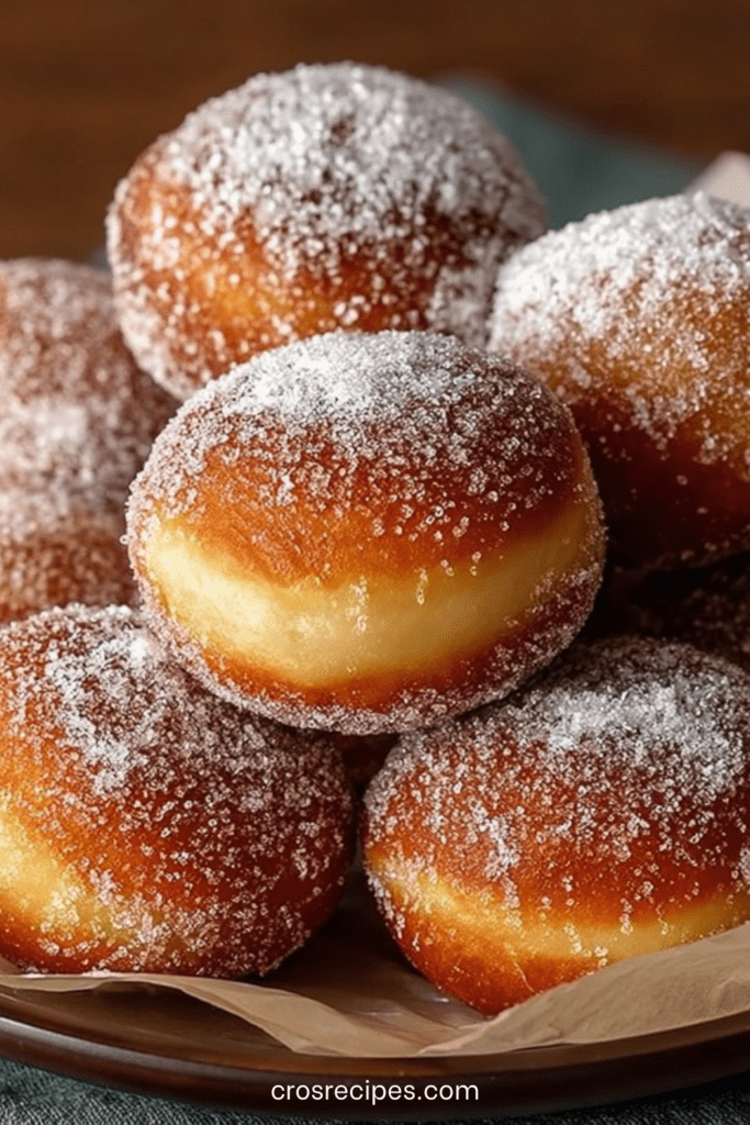 Beignets moelleux au sucre dorés et gonflés, texture aérée visible à la découpe, enrobés de sucre et servis chauds sur une assiette