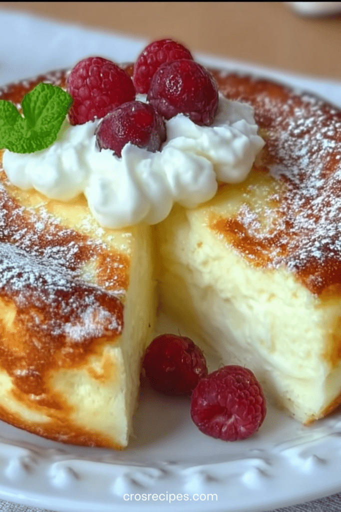 Gâteau crémeux aux trois yaourts doré au four, texture moelleuse visible à la découpe, saupoudré de sucre glace et décoré de fruits frais
