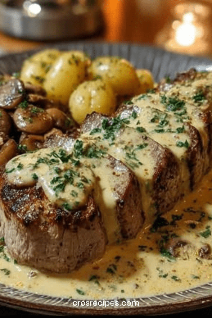 Filet mignon de porc aux champignons nappé de sauce crémeuse, morceaux tendres visibles, champignons dorés et persil frais en finition, servi chaud