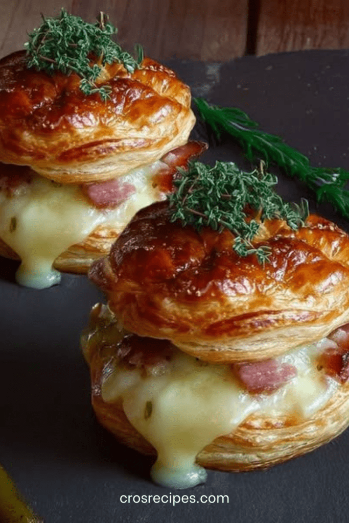 Vol-au-vent savoyard garni de reblochon fondu, lardons dorés et oignons fondants, pâte feuilletée croustillante, servi chaud et gratiné