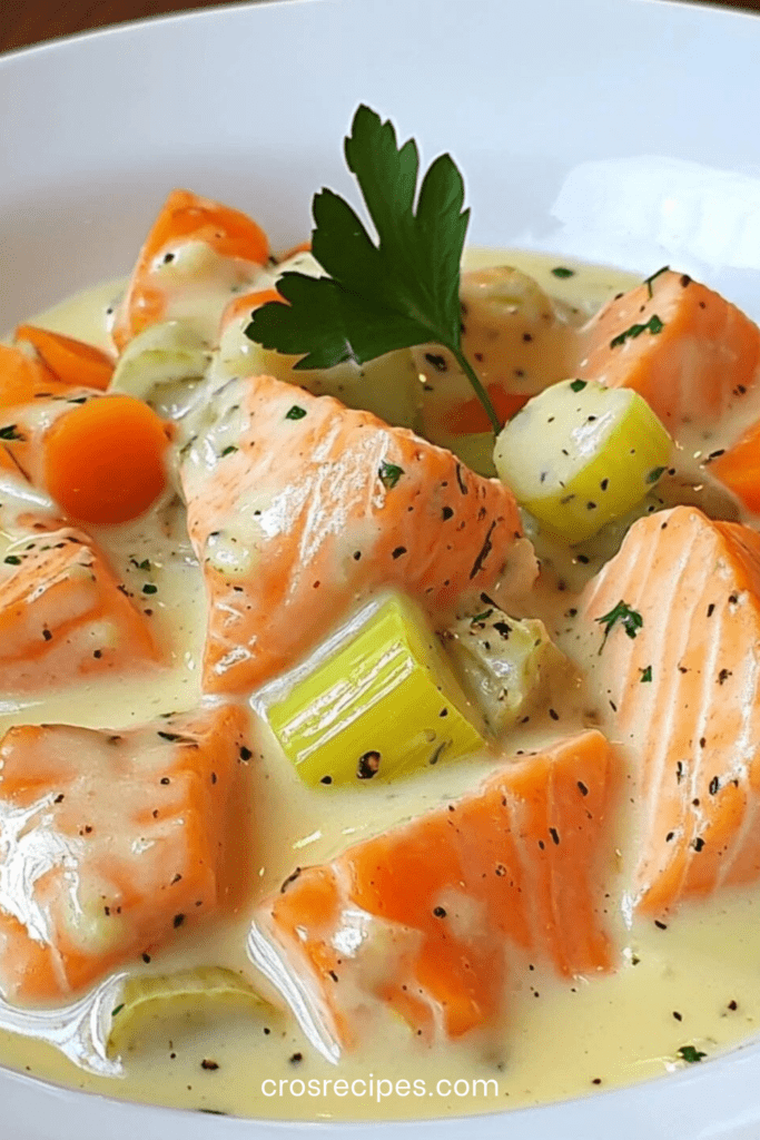 Blanquette de saumon aux poireaux et carottes nappée de sauce crémeuse, morceaux de saumon fondants visibles, servie chaude avec persil frais