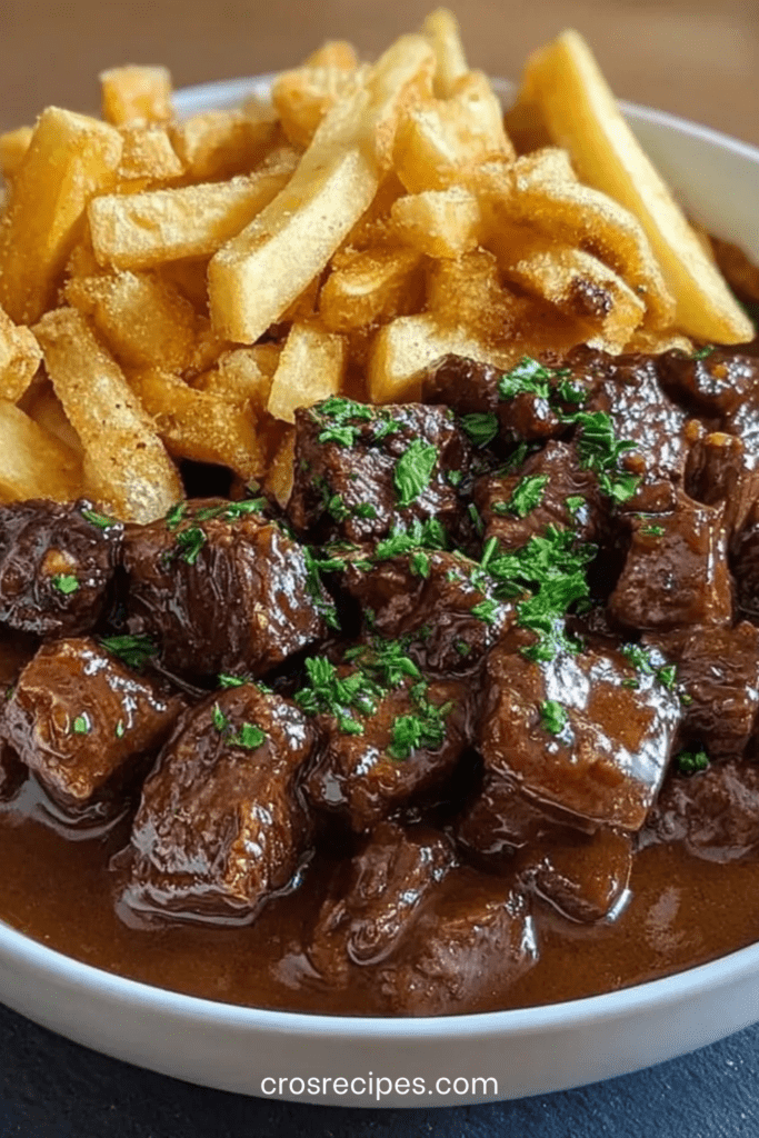 Carbonnade flamande traditionnelle mijotée à la bière brune, morceaux de bœuf fondants nappés de sauce épaisse, servie chaude avec frites croustillantes