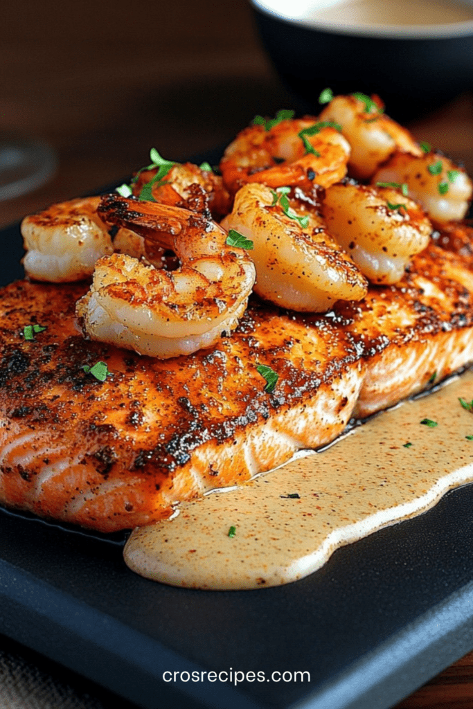 Pavé de saumon grillé doré à la poêle nappé de sauce crémeuse aux crevettes, texture moelleuse visible, persil frais en finition et filet de citron