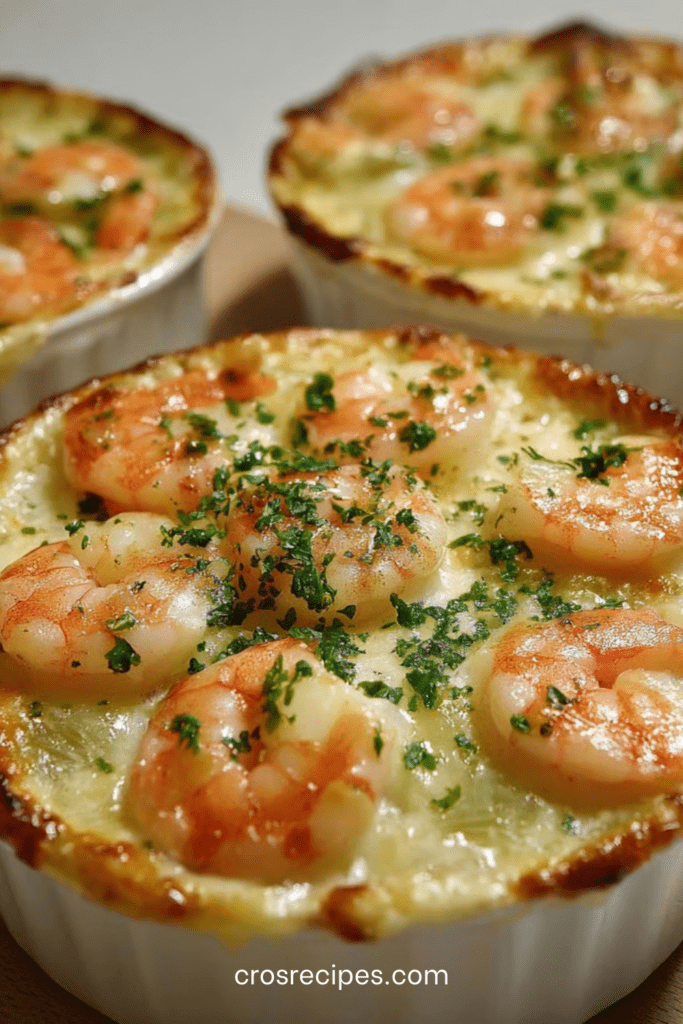 Cassolettes gratinées aux crevettes et poireaux nappées de sauce crémeuse, fromage doré sur le dessus, texture fondante visible, servies chaudes