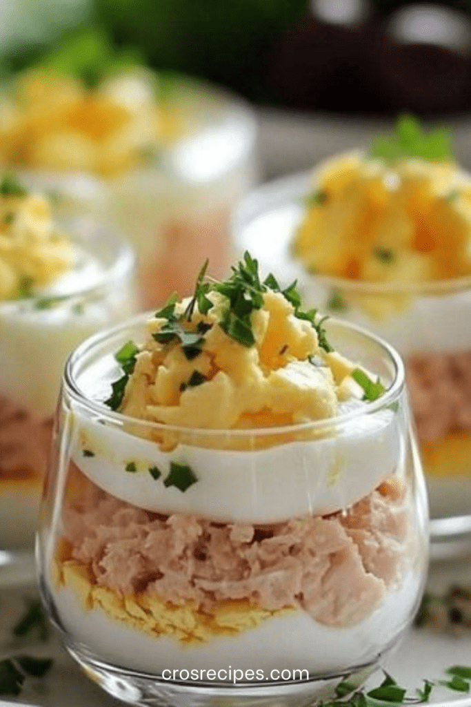 Verrines de thon aux œufs mimosa avec couches visibles de thon crémeux, blancs d’œufs hachés et jaunes émiettés, décorées de ciboulette fraîche